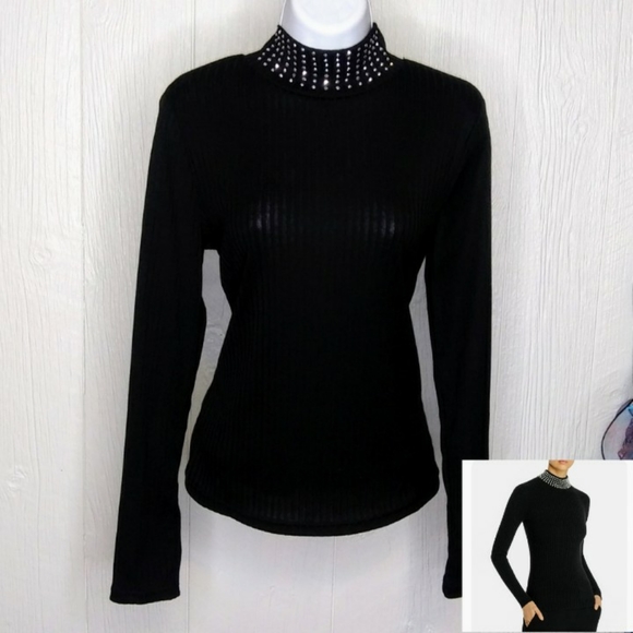Shein Black Rhinestone Mock Turtleneck 